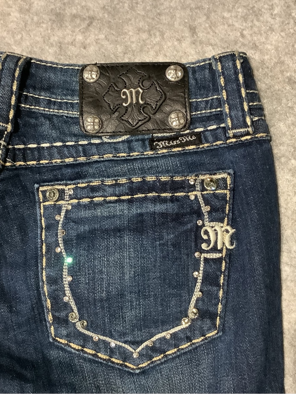Miss Me Dark Blue Rhinestone Embellished Pocket Skinny Jeans